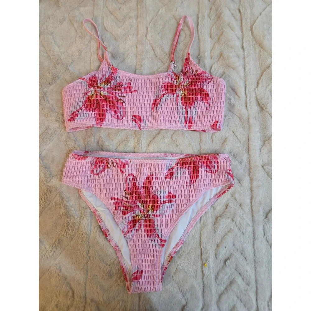 RoseSeek Girls Pink Floral Smocked Bikini Set High Waisted 2 Piece Swimsuit 14Y